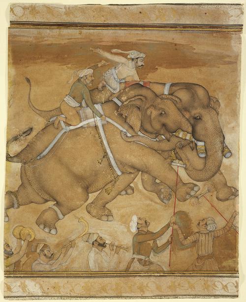 Folio depicting two elephants moving in the same direction with a rider kneeling on top of each. Below the elephants on the page are men with musical instruments and long handled prods.