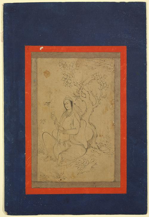 Drawing of a lady seated under a gnarled tree, holding a pear in her right hand while she inspects an iris. The drawing is set inside a thin red boarder, on a larger dark blue page.