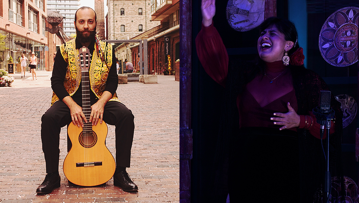 Left photo: A bearded man in a gold and black jacket and black pants sit in a chair with an upright acoustic guitar sitting between his legs; on the right: in a dark room, a woman in a maroon dress raises her right hand in the air as she sings.