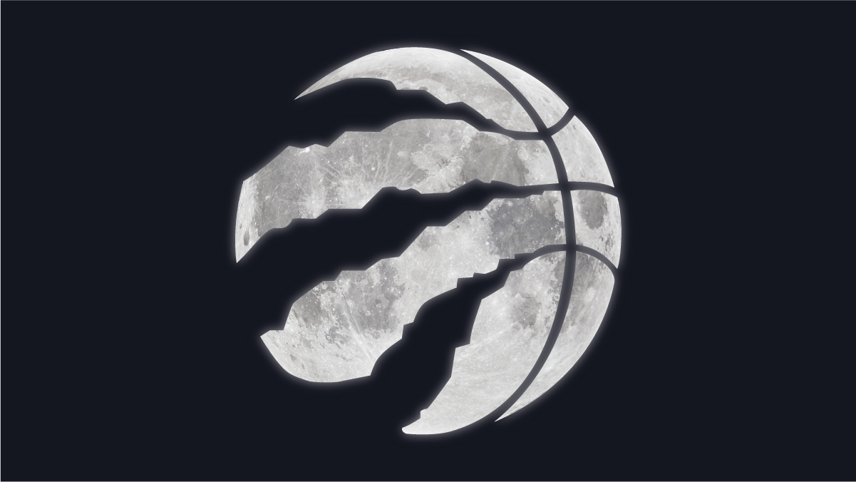The Raptors claw logo superimposed over the moon in the night sky.