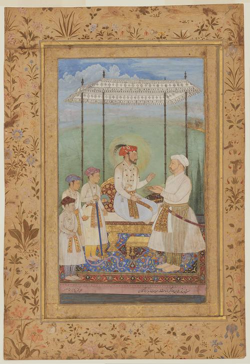 Royal family portrait, of an Emperor, sitting in haloed profile upon a gold-footed throne under a high white canopy in an outdoor landscape, accepts a jewelled gift from his father-in-law. At his right are his three eldest sons. A large gold boarder surrounds the painting, featuring floral decoration.