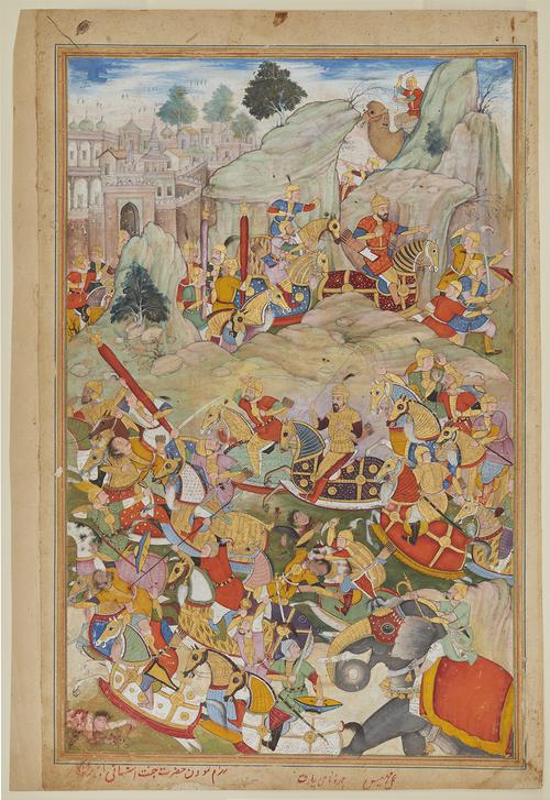 Painting of a colourful battle scene, Humayun occupies the centre of this battle scene, victorious and dressed in armour inlaid with gold. Above him and to the right, Kamran, a bearded man in orange, is seen escaping; in the painting’s upper left is the walled city of Kabul.
