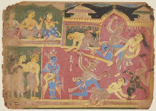 Painting of three rooms with weathered edges. In a large red room with a domed ceiling, Balarama in blue trousers is depicted twice, fighting one king, above, and then killing Rukmin, below. On the left, blue-skinned Krishna watches the action. In a small green room, three men stand in the bottom left corner. In another small green room above, two women and a man sit, watching the battle in the main room.