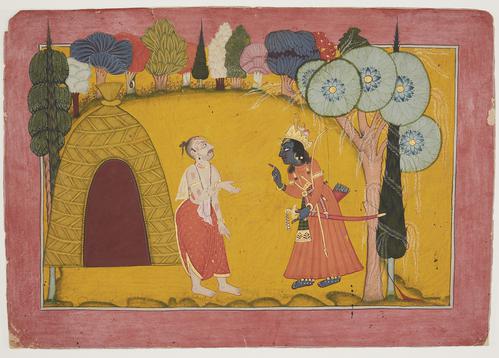 Painting with red border. In the painting, the hermit Bharadvaja speaks with Rama, who wears a gold crown, jewels and orange robe, and carries a sword, dagger, bow and arrows. They are standing outside Bharadvajas yellow dome-shaped thatch hut. 