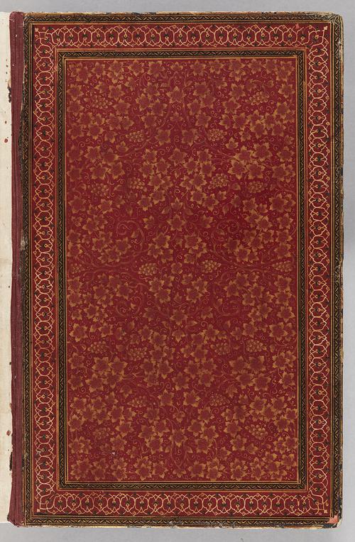 Inside decoration of front cover with floral designs and illuminated florals and scroll frame.
