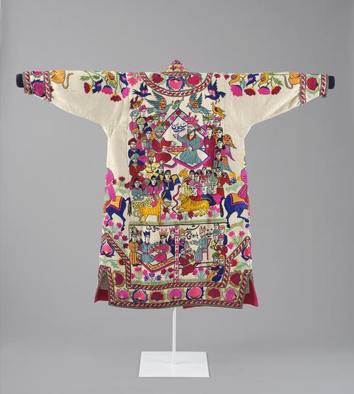 Back of multi-coloured wool robe embroidered with floral designs and figures.   