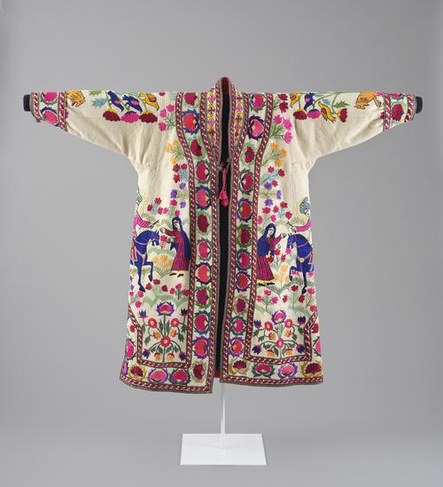 Multi-coloured wool robe embroidered with floral designs and figures.    