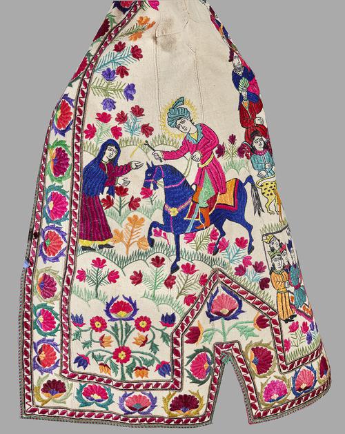 Multi-coloured wool robe embroidered with floral designs and figures.   