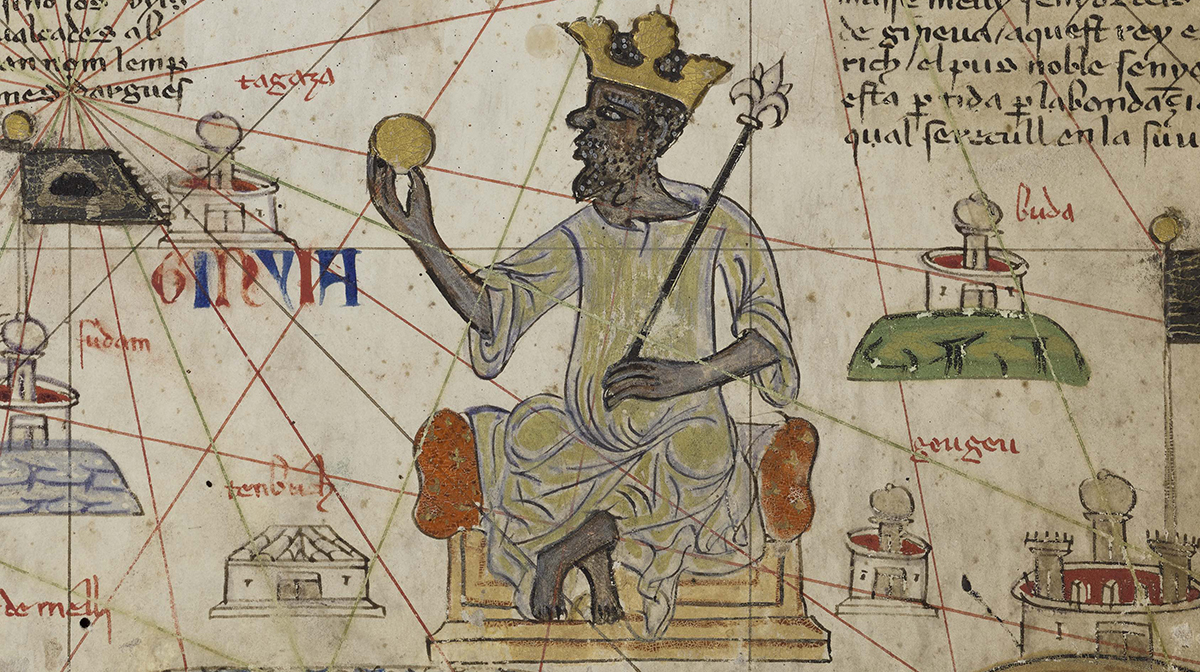 A medieval diagram featuring emperor Mansa Musa holding a nugget of gold, surrounded by Arabic text and drawings of places.