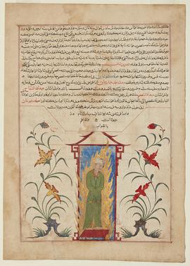 A young man in green with a white turban stands on a small red platform in the doorway, engulfed in a golden flame nimbus, beside him tall leafy plants, above 17 lines of text.