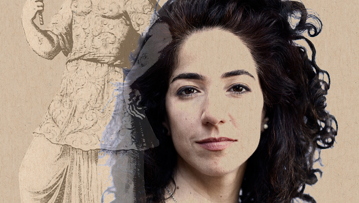 A headshot of a woman will pale skin and black hair, with a superimposed image of the torso of a Turkish figure in traditional dress just to the left of the woman's face. 