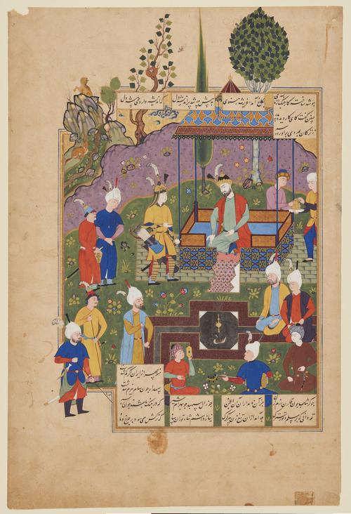 A grassy area with purple rocky mountain in the background set the scene. In the centre a male figure sits on a canopied throne platform listening to his warrior son. Multiple courtiers, servants and figures in the scene around the canopy and near a paved garden fountain.