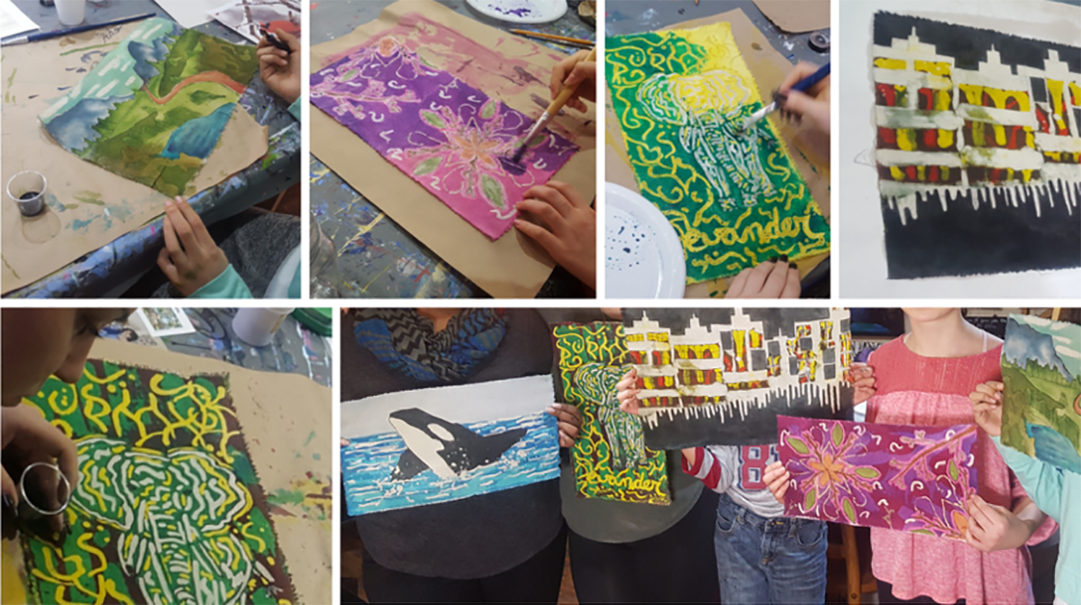 A photo collage of people in a Modern Batik Workshop, focusing on the different styles of work created in the session. 