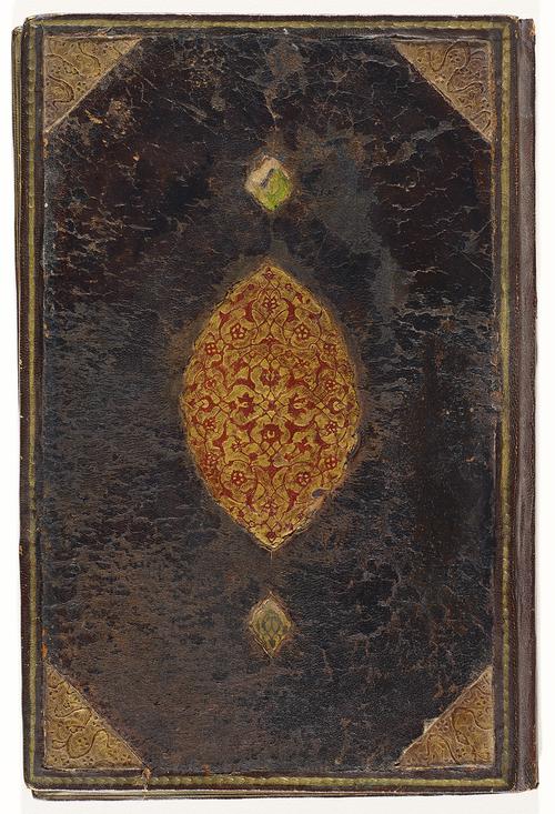 Front cover of Iranian bookbinding, overlayed with dark brown leather which appears to be very worn out. Golden spiral border with triangular gold patterns on inner corners. Large gold gilt embossed medallion motif in the centre inlaid with delicate red floral patterns. 