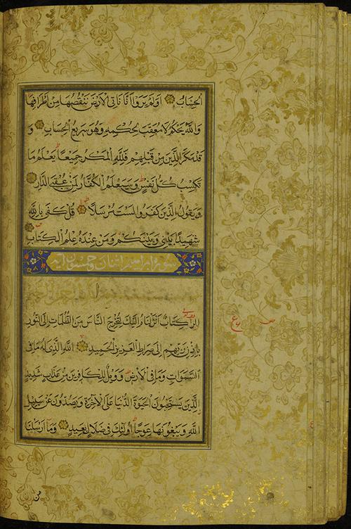 Page of text from a  Qur'an, decorative band in the middle of the text, decorated with floral patterns and gold accents with a blue background. 