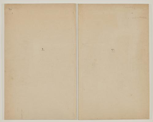 Two plain pages, each with minor marks. One has “XIII” on the top left. Both have two tiny ink marks on the centre of the page.