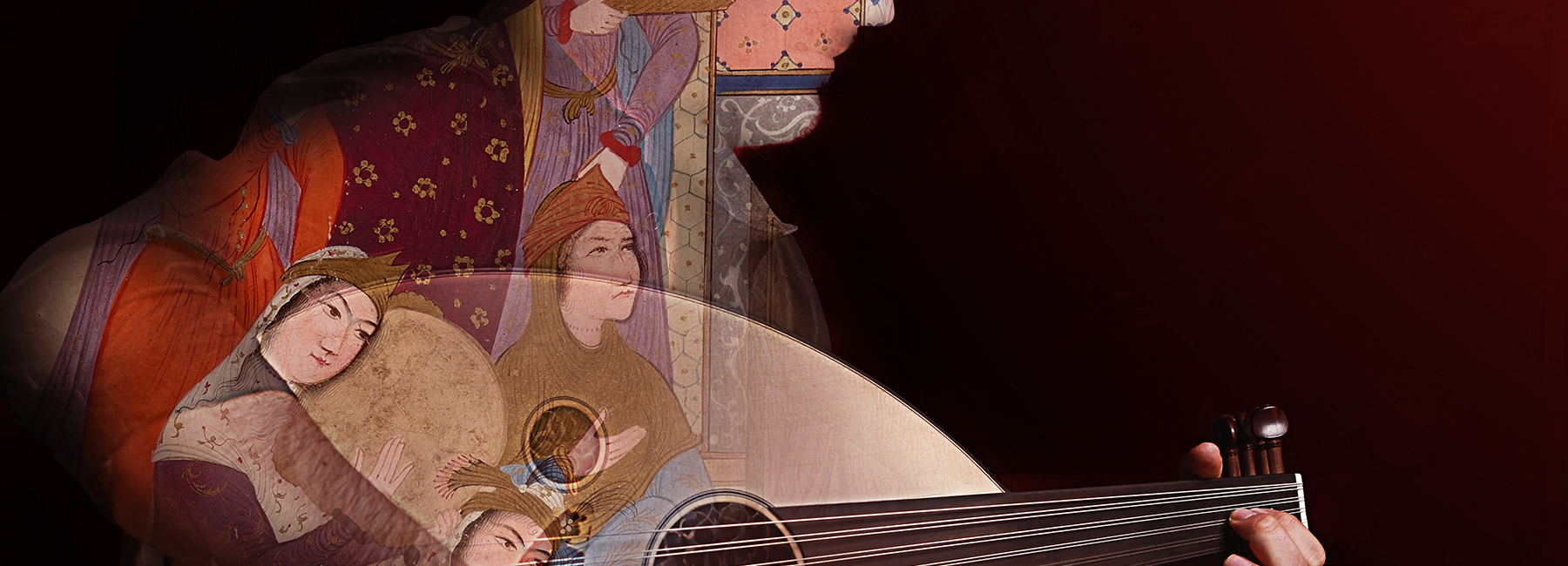An image of a Persian watercolour featuring three headscarf-wearing women superimposed over the picture of a hand playing an oud.