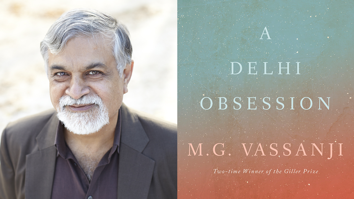 Portrait of author M.G. Vassanji with book title overtop a gradient multicoloured background. 