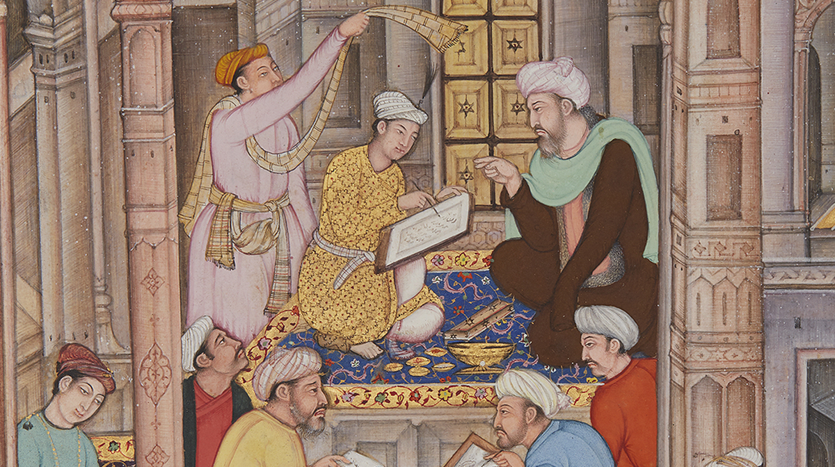Colourful painting of a group of men gathered in a court space holding large books